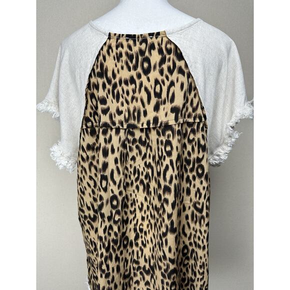 Umgee USA Women's Sz 2XL Tunic Top Tan Front Animal Print Back Boho Fringe Trim - Picture 8 of 14